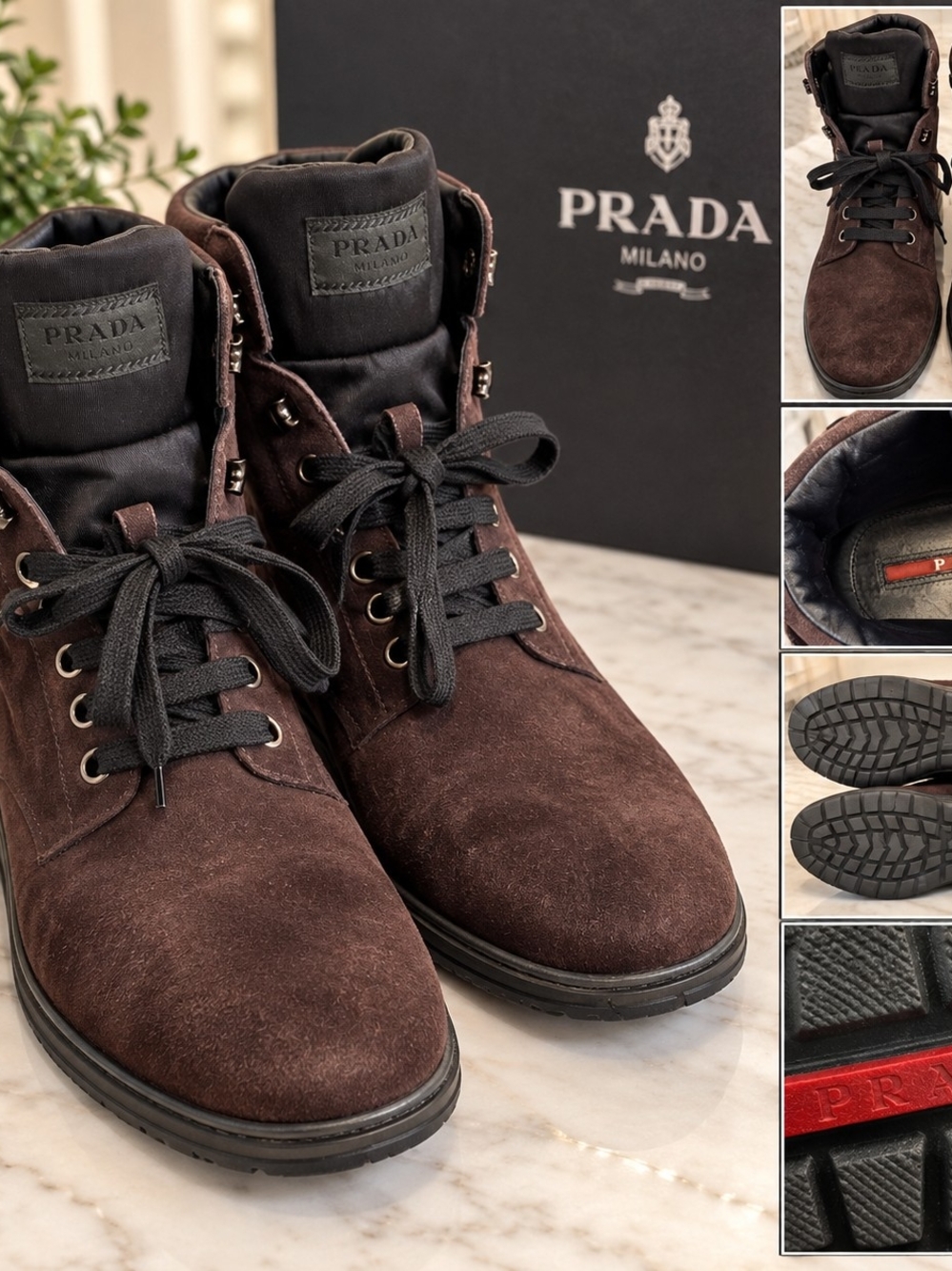 Prada Men's Brown Suede Lace-Up Boots with Black Laces
